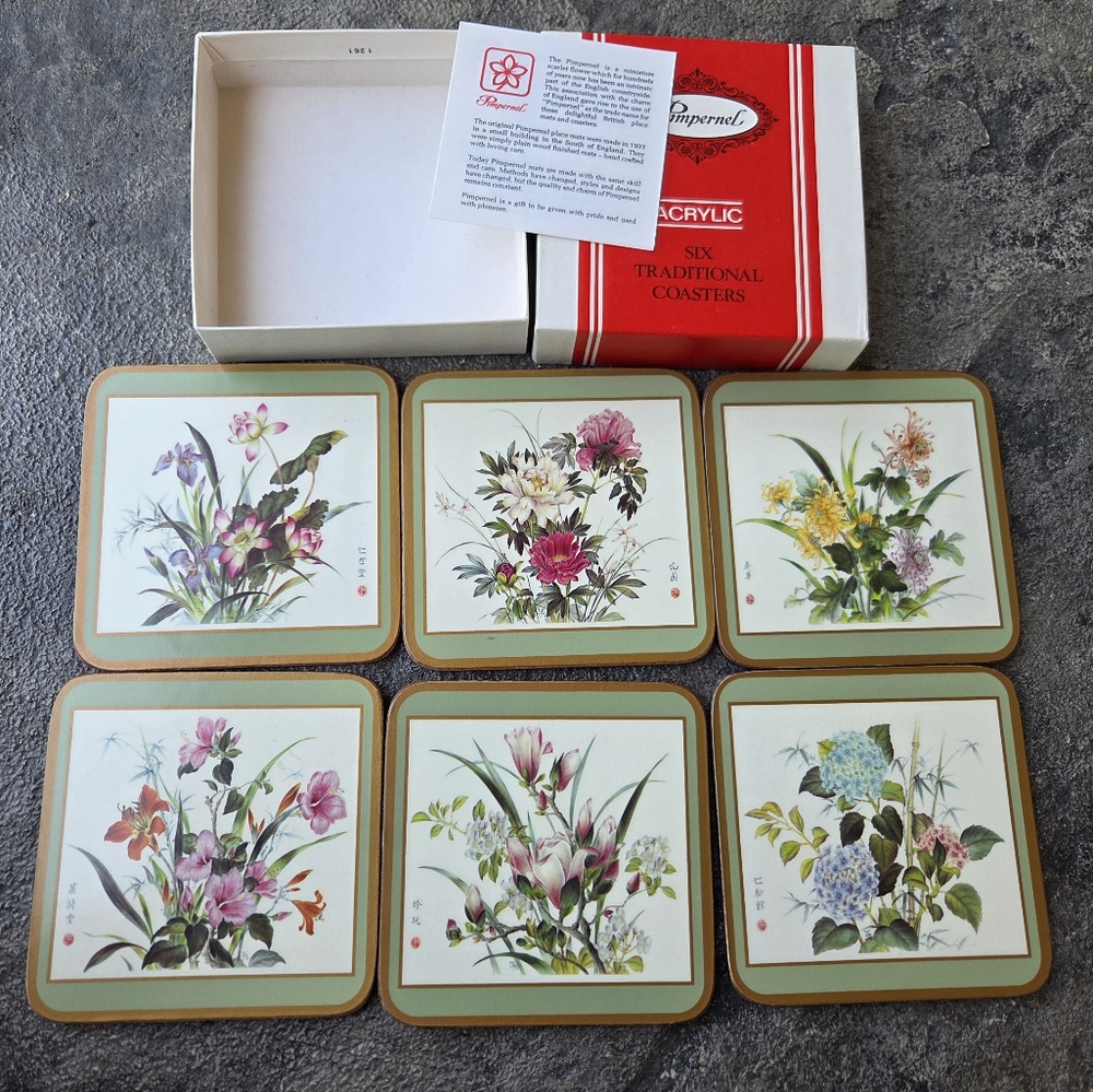 Pimpernel Oriental Floral Botanical Acrylic Coasters Cork Back Set Of 6 In Box